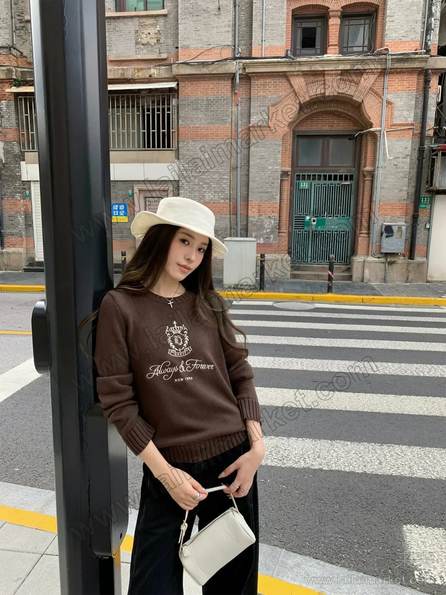老钱风毛衣圆领长袖全棉刺绣宽松百搭棉线针织上衣