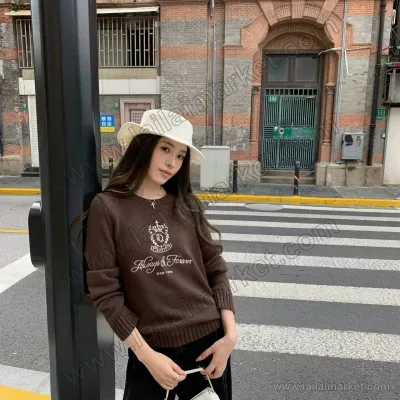 老钱风毛衣圆领长袖全棉刺绣宽松百搭棉线针织上衣