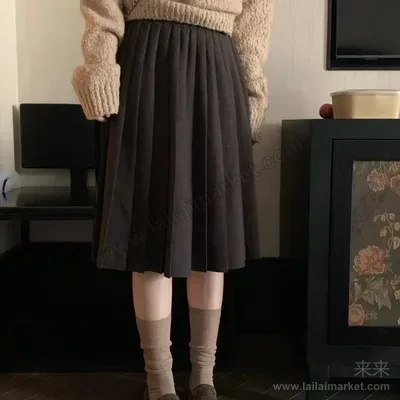 紧腰呢料百褶半身裙