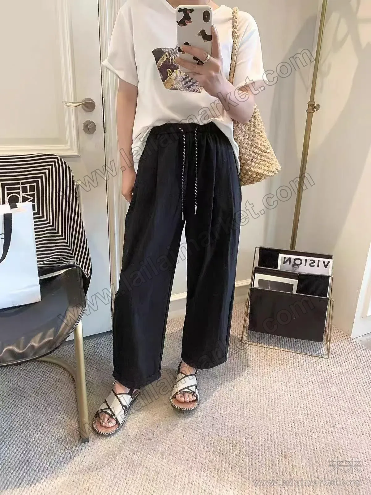 棉卷边直筒裤