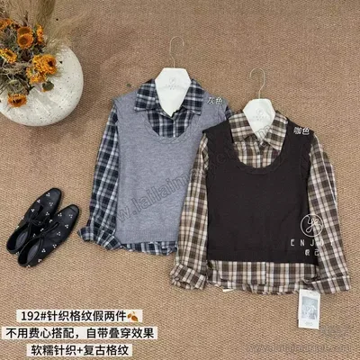 针织格纹假两件