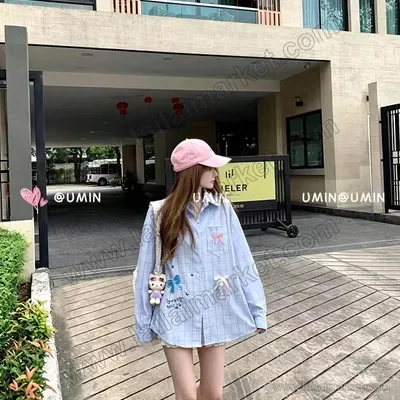 刺绣蝴蝶结蕾丝格子衬衫